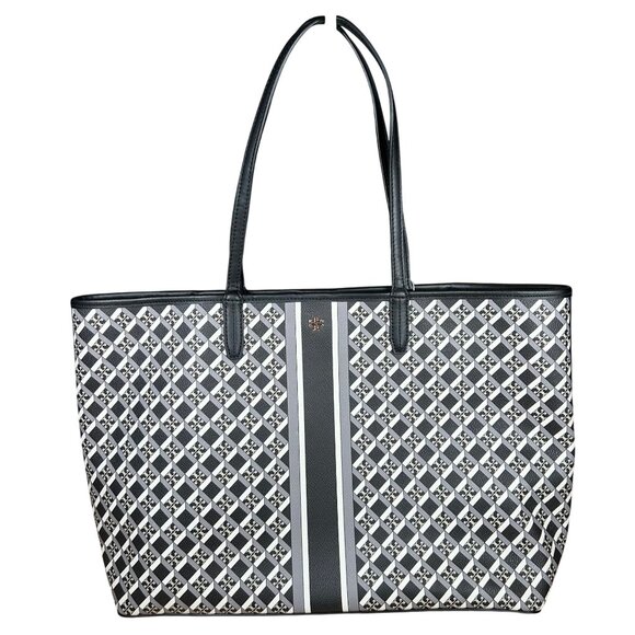 Tory Burch Geo Logo Stripe Tote Bag in Black, Gray & White Geometric Pattern - Picture 1 of 9
